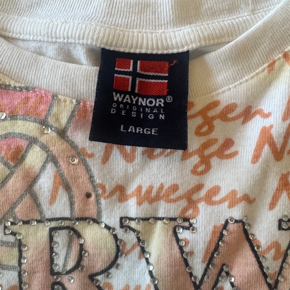 Y2K Norway Souvenir Baby Tee White Pink Graphic Rhinestone Indie Sleaze Top - Picture 4 of 7